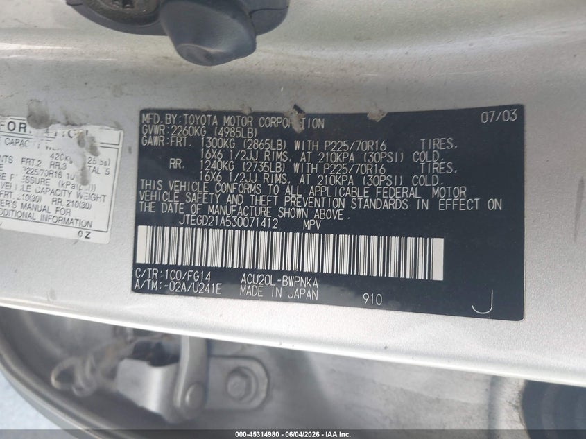 2003 Toyota Highlander VIN JTEGD21A530071412 IAAI salvage auction — NORMAL WEAR, Clear - Dealer Only (California), sold $400 on 2026-07-07 (photo 9)