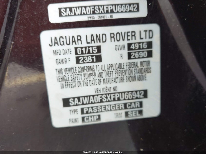 2015 Jaguar Xf VIN SAJWA0FSXFPU66942 IAAI salvage auction — LEFT & RIGHT, Salvage Title, sold $400 on 2026-07-09 (photo 9)