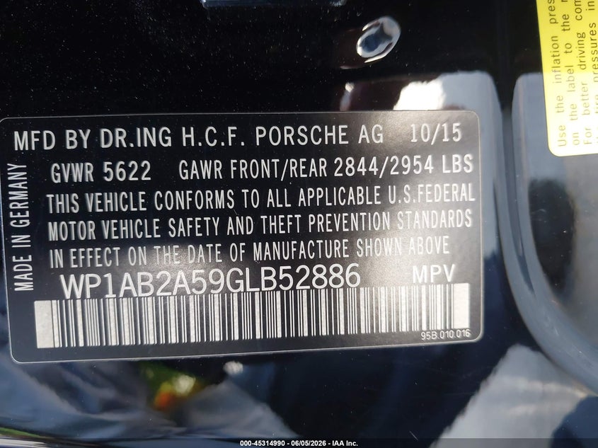 2016 Porsche Macan VIN WP1AB2A59GLB52886 IAAI salvage auction — LEFT FRONT, Salvage Title, sold $6,800 on 2026-08-10 (photo 9)