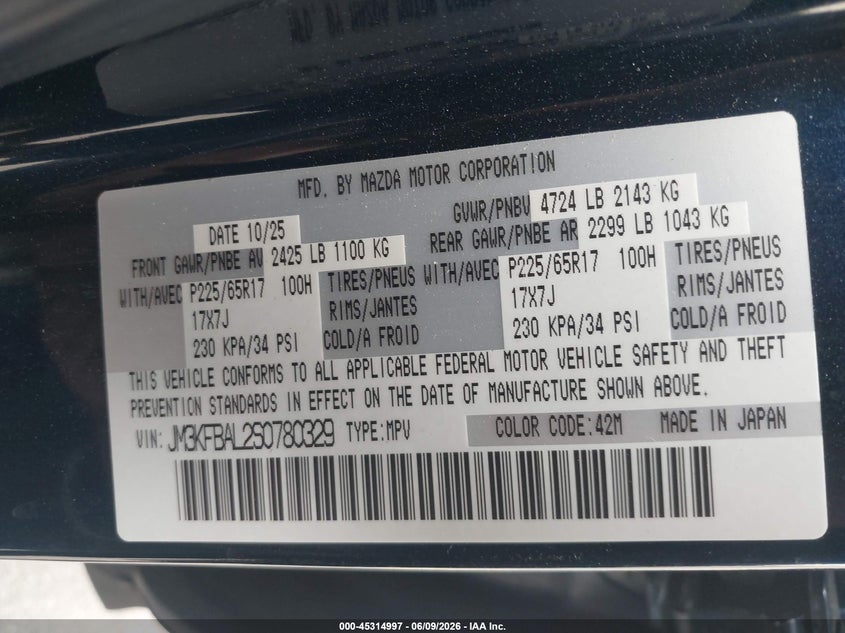 2025 Mazda Cx-5 VIN JM3KFBAL2S0780329 IAAI salvage auction — RIGHT FRONT, Salvage Title, sold $8,775 on 2026-08-29 (photo 9)
