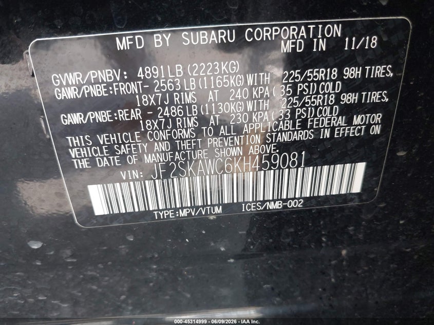 2019 Subaru Forester VIN JF2SKAWC6KH459081 IAAI salvage auction — FRONT & REAR, Salvage Title, sold $1,950 on 2026-07-23 (photo 9)