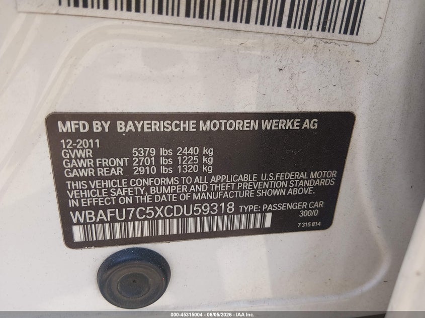 2012 BMW 5er VIN WBAFU7C5XCDU59318 IAAI salvage auction — FRONT END, Salvage Title, sold $1,025 on 2026-07-16 (photo 9)