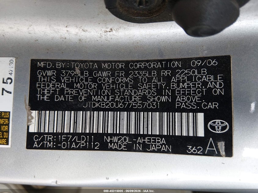 2007 Toyota Prius VIN JTDKB20U677557031 IAAI salvage auction — NORMAL WEAR, Peddle Clear Public-Restricted (Oregon), sold $175 on 2026-07-06 (photo 9)