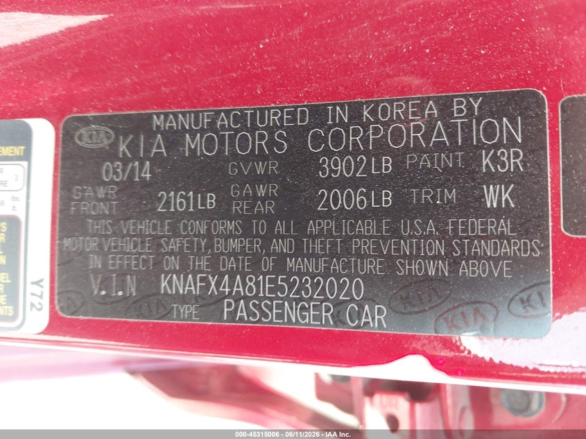 2014 Kia Forte VIN KNAFX4A81E5232020 IAAI salvage auction — REAR END, Salvage Title, sold $1,050 on 2026-07-23 (photo 9)