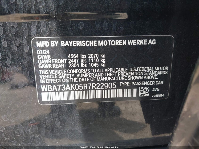2024 BMW 2er VIN WBA73AK05R7R22905 IAAI salvage auction — FRONT END, Salvage (Oklahoma), sold $2,500 on 2026-08-05 (photo 9)