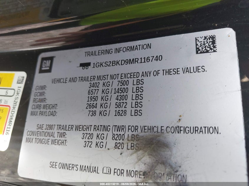 2021 Gmc Yukon VIN 1GKS2BKD9MR116740 IAAI salvage auction — BURN, Salvage Title, sold $1,800 on 2026-07-23 (photo 9)