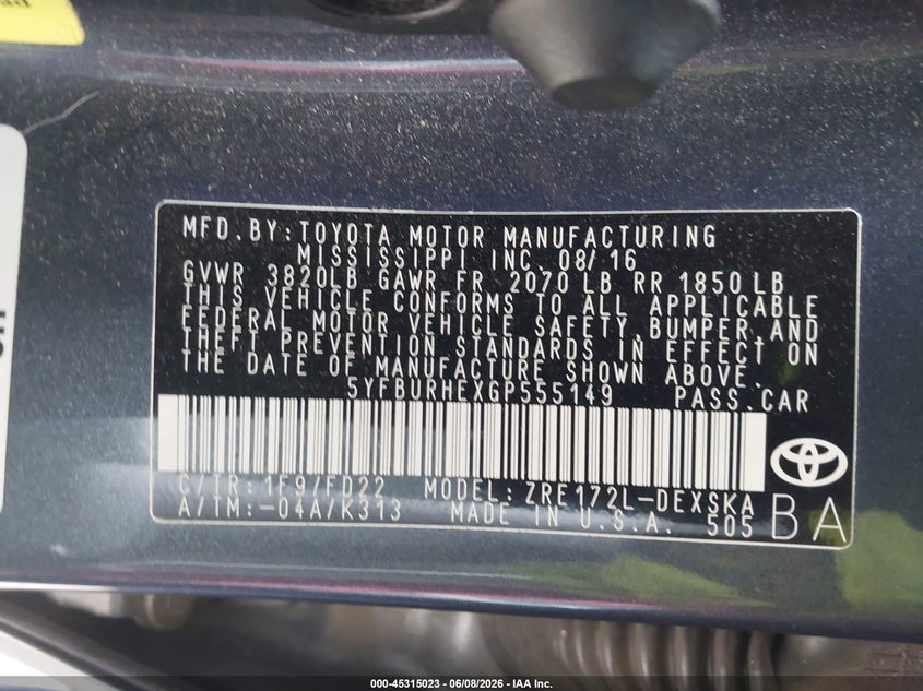 2016 Toyota Corolla VIN 5YFBURHEXGP555149 IAAI salvage auction — UNDERCARRIAGE, Salvage Title, sold $5,375 on 2026-07-13 (photo 9)