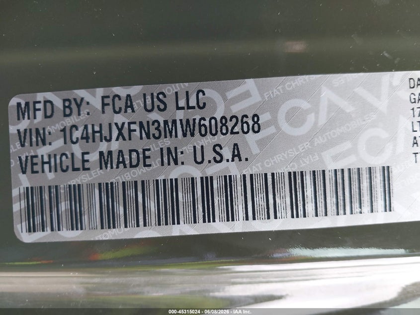 2021 Jeep Wrangler / VIN 1C4HJXFN3MW608268 IAAI salvage auction — REAR END, Salvage Title, sold $9,000 on 2026-07-18 (photo 9)