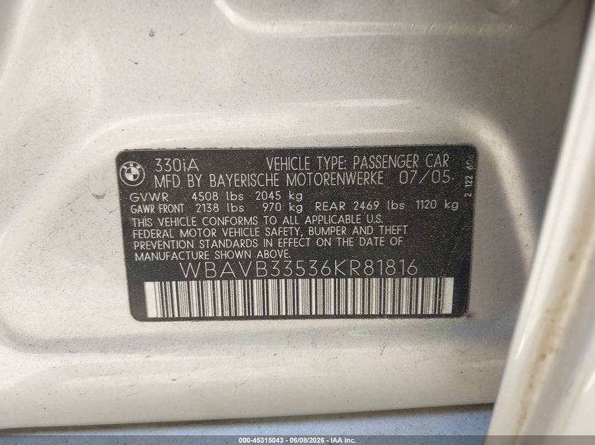 2006 BMW 3er VIN WBAVB33536KR81816 IAAI salvage auction — RIGHT REAR, Salvage (Massachusetts), sold $375 on 2026-07-14 (photo 9)