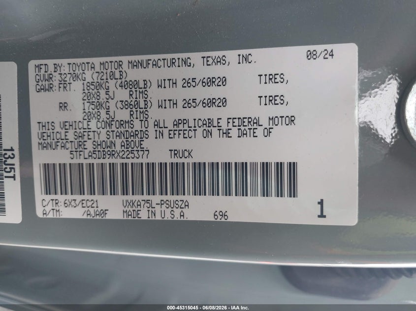 2024 Toyota Tundra VIN 5TFLA5DB9RX225377 IAAI salvage auction — RIGHT FRONT, Salvage Title, sold $21,900 on 2026-07-15 (photo 9)