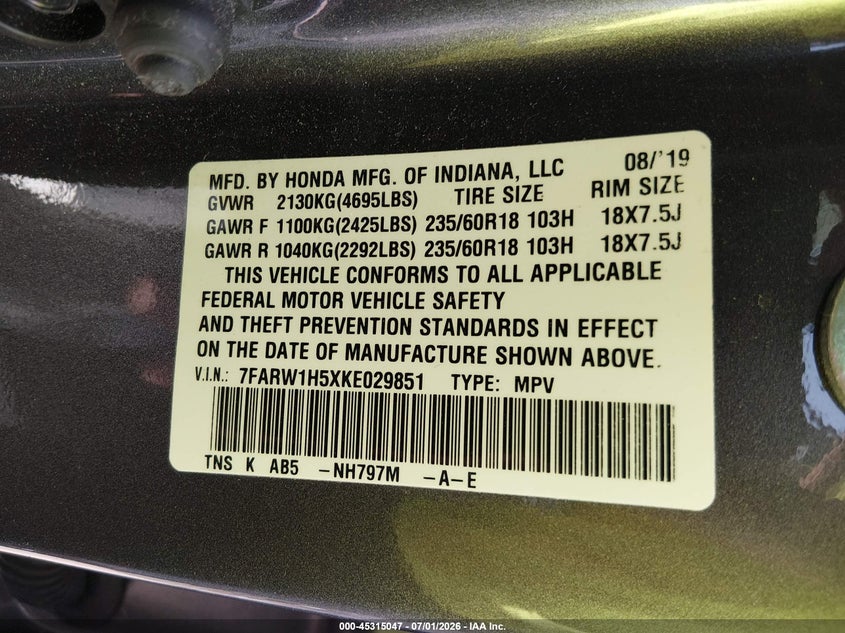 2019 Honda Cr-v VIN 7FARW1H5XKE029851 IAAI salvage auction — HAIL, Salvage (Ohio), sold $8,800 on 2026-07-21 (photo 9)