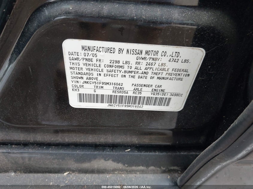 2005 Infiniti G VIN JNKCV51F95M316042 IAAI salvage auction — NORMAL WEAR, Original (Texas), sold $375 on 2026-07-07 (photo 9)