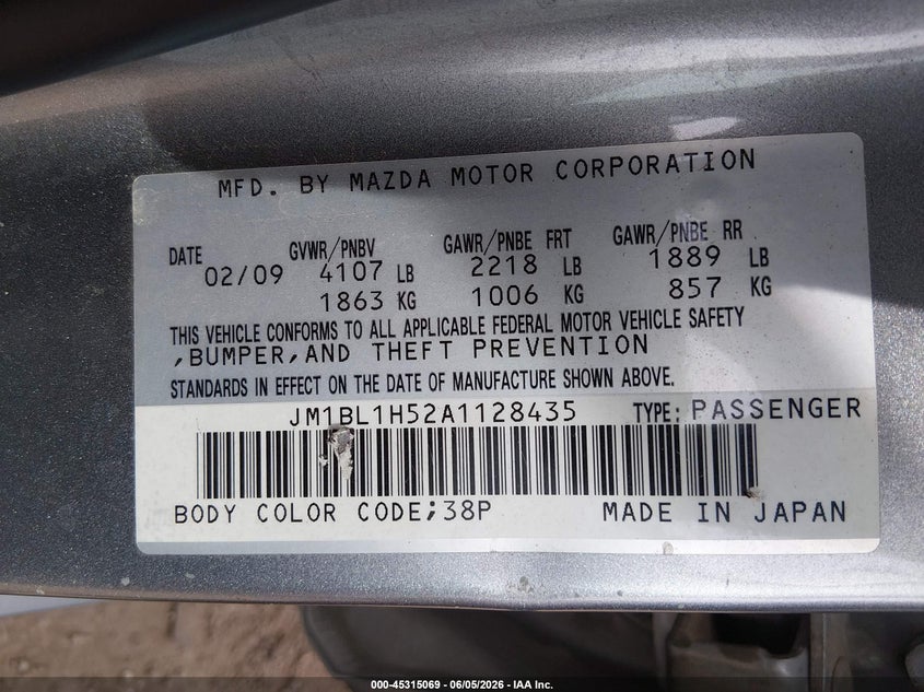 2010 Mazda 3 VIN JM1BL1H52A1128435 IAAI salvage auction — REAR END, Original (Texas), sold $600 on 2026-07-09 (photo 9)