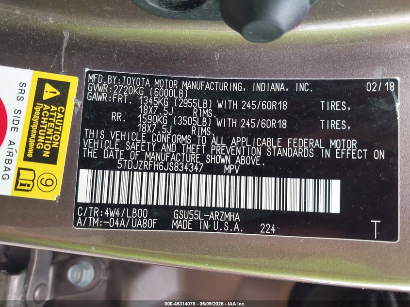 2018 Toyota Highlander VIN 5TDJZRFH6JS834347 IAAI salvage auction — LEFT SIDE, Salvage Title, sold $12,000 on 2026-07-07 (photo 9)
