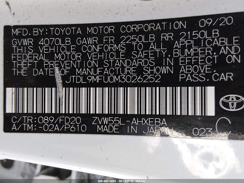 2021 Toyota Prius VIN JTDL9MFU0M3026252 IAAI salvage auction — FRONT END, Salvage Title, sold $6,075 on 2026-07-15 (photo 9)