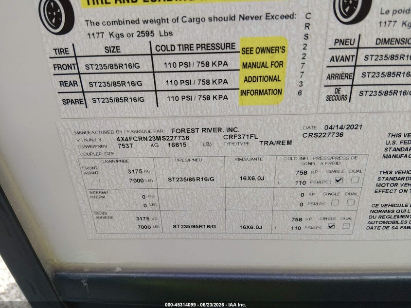 2021 Forest river Cedar creek VIN 4X4FCRN23MS227736 IAAI salvage auction — ROOF, Salvage (Alabama), sold $11,600 on 2026-07-21 (photo 9)