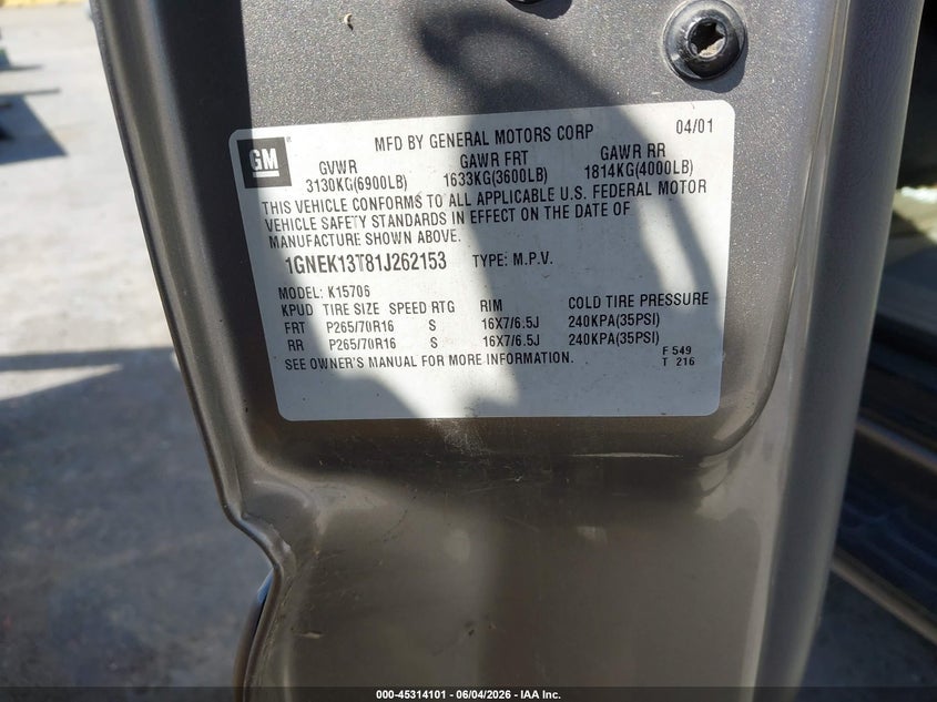 2001 Chevrolet Tahoe VIN 1GNEK13T81J262153 IAAI salvage auction — NORMAL WEAR, Salvage Title - Dealer (California), sold $375 on 2026-07-09 (photo 9)