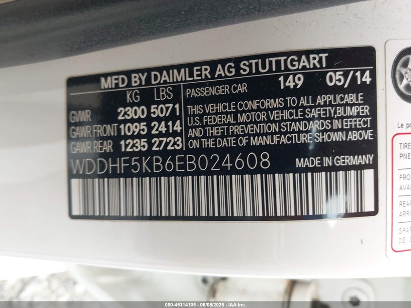 2014 Mercedes-benz E-klasse VIN WDDHF5KB6EB024608 IAAI salvage auction — LEFT FRONT, Salvage Title, sold $3,825 on 2026-07-13 (photo 9)