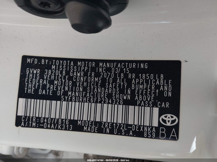 2015 Toyota Corolla VIN 5YFBURHE6FP294326 IAAI salvage auction — FRONT & REAR, Salvage Title, sold $1,600 on 2026-07-27 (photo 9)