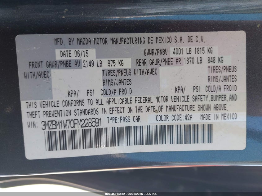 2015 Mazda 3 VIN 3MZBM1W70FM228591 IAAI salvage auction — SIDE, Salvage Title, sold $1,150 on 2026-07-09 (photo 9)