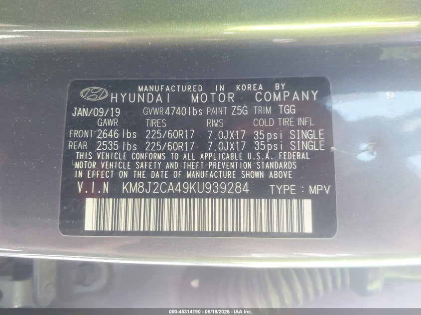 2019 Hyundai Tucson VIN KM8J2CA49KU939284 IAAI salvage auction — FRONT & REAR, Salvage (Virginia), sold $1,475 on 2026-07-28 (photo 9)