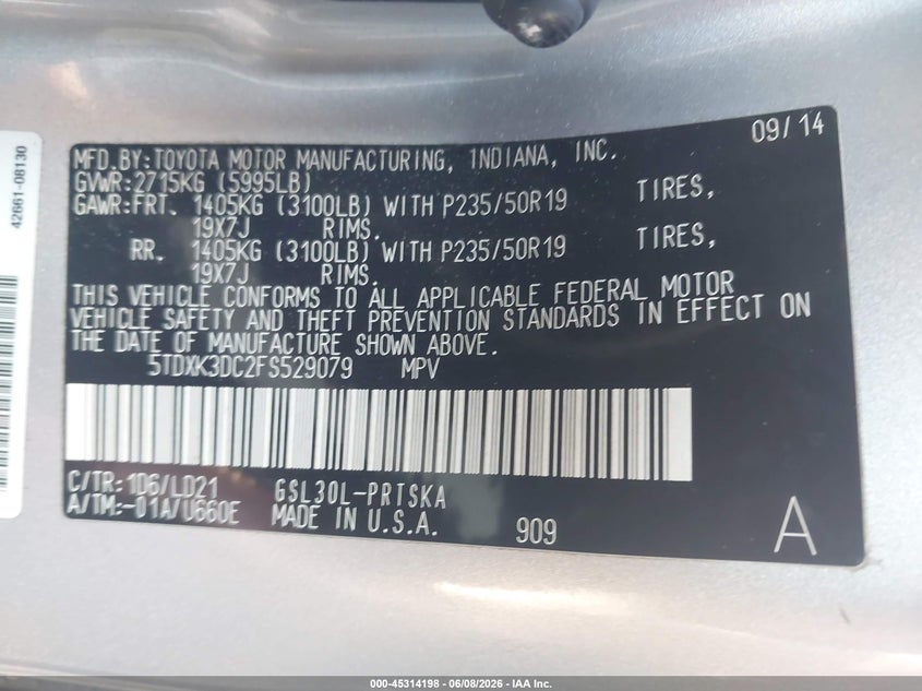 2015 Toyota Sienna VIN 5TDXK3DC2FS529079 IAAI salvage auction — LEFT SIDE, Salvage (North Carolina), sold $3,350 on 2026-07-13 (photo 9)