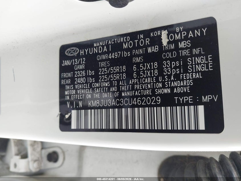 2012 Hyundai Tucson VIN KM8JU3AC3CU462029 IAAI salvage auction — FRONT END, Salvage Title, sold $3,050 on 2026-08-02 (photo 9)