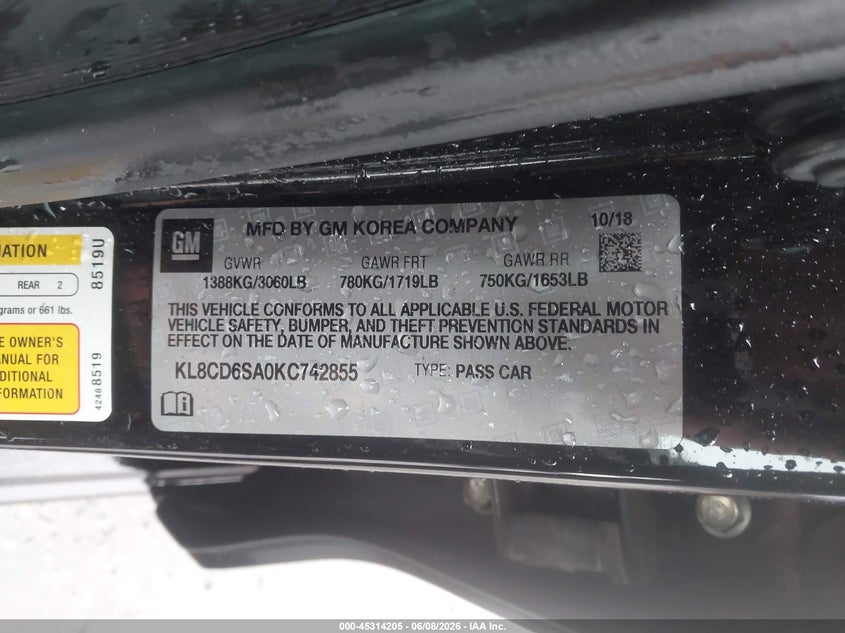 2019 Chevrolet Spark VIN KL8CD6SA0KC742855 IAAI salvage auction — REAR END, Salvage Title, sold $1,800 on 2026-07-16 (photo 9)