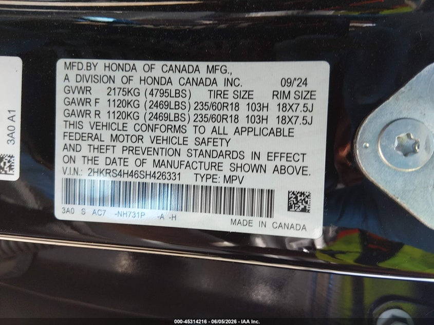 2025 Honda Cr-v VIN 2HKRS4H46SH426331 IAAI salvage auction — FRONT END, Salvage Title, sold $7,400 on 2026-07-31 (photo 9)