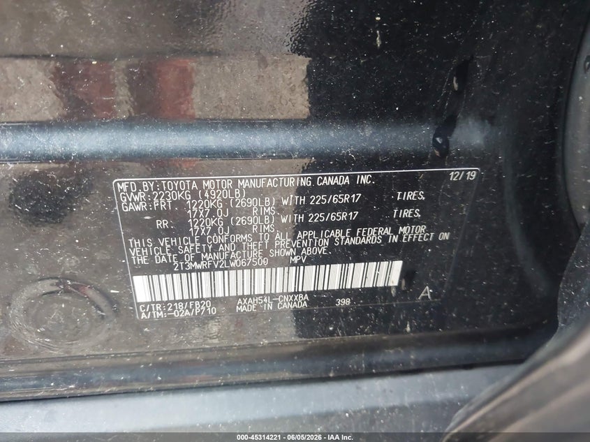 2020 Toyota Rav4 hybrid VIN 2T3MWRFV2LW067500 IAAI salvage auction — NORMAL WEAR, Clear (New York), sold $7,200 on 2026-07-09 (photo 9)