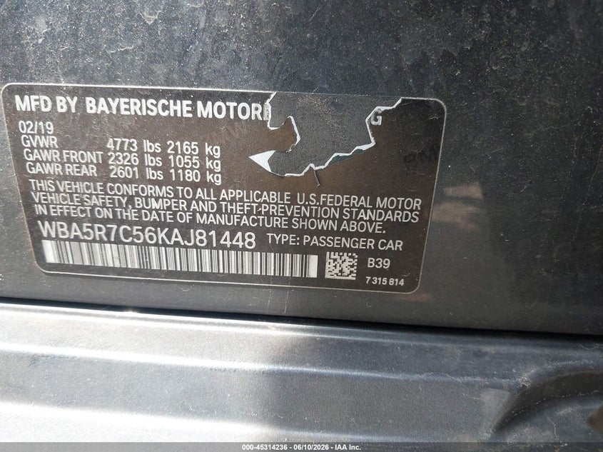 2019 BMW 3er VIN WBA5R7C56KAJ81448 IAAI salvage auction — HAIL, Salvage Title, sold $10,675 on 2026-08-11 (photo 9)