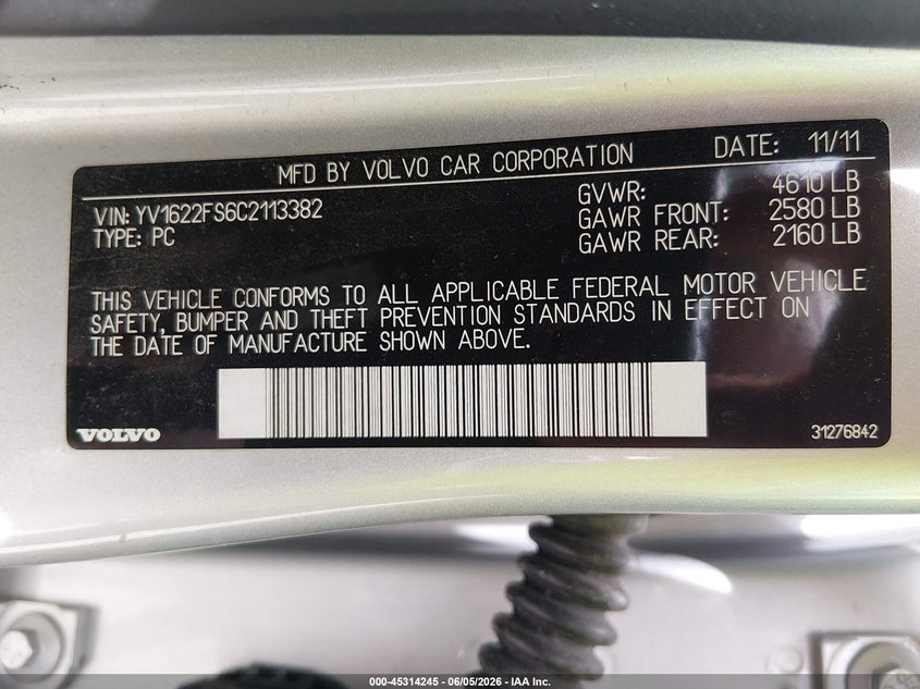 2012 Volvo S60 VIN YV1622FS6C2113382 IAAI salvage auction — RIGHT FRONT, Salvage Title, sold $300 on 2026-07-13 (photo 9)
