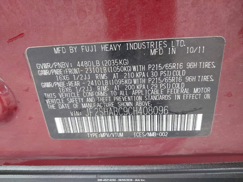 2012 Subaru Forester VIN JF2SHABC9CH408096 IAAI salvage auction — RIGHT SIDE, Salvage (Oregon), sold $1,250 on 2026-07-30 (photo 9)