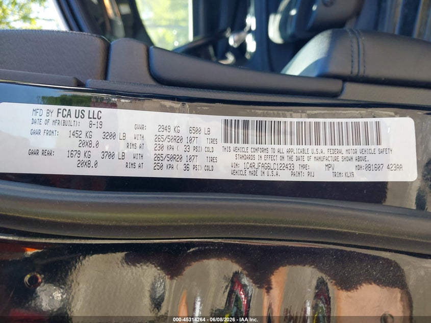 2020 Jeep Grand cherokee VIN 1C4RJFAG6LC122433 IAAI salvage auction — FRONT END, Salvage Title, sold $5,800 on 2026-07-12 (photo 9)
