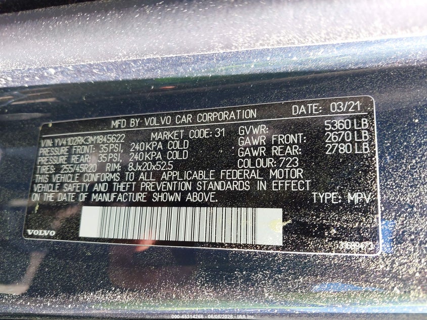 2021 Volvo Xc60 VIN YV4102RK3M1845622 IAAI salvage auction — ALL OVER, Salvage (Massachusetts), sold $1,150 on 2026-07-28 (photo 9)