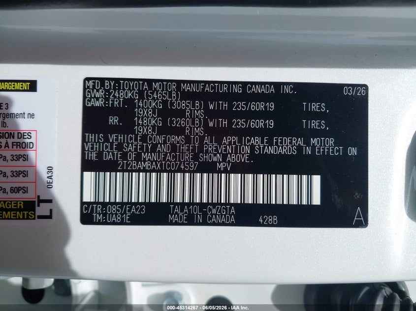 2026 Lexus Rx VIN 2T2BAMBAXTC074597 IAAI salvage auction — FRONT END, Rebuildable (Florida), sold $21,100 on 2026-07-30 (photo 9)