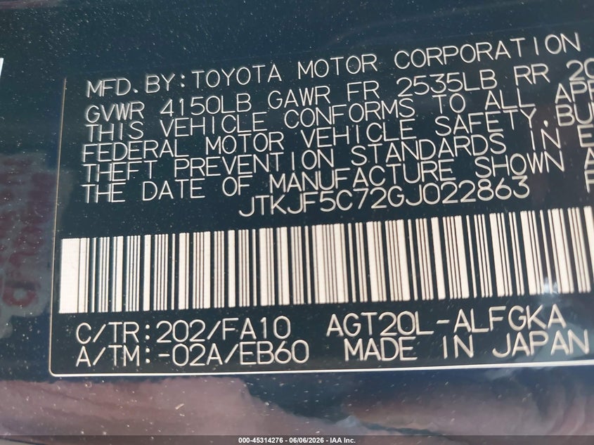 2016 Scion Tc VIN JTKJF5C72GJ022863 IAAI salvage auction — FRONT END, Salvage Title, sold $2,050 on 2026-07-06 (photo 9)