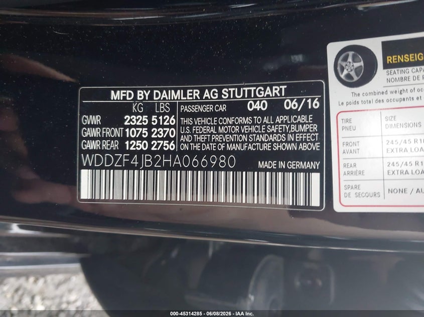 2017 Mercedes-benz E-klasse VIN WDDZF4JB2HA066980 IAAI salvage auction — RIGHT FRONT, Salvage Title, sold $25 on 2026-08-05 (photo 9)