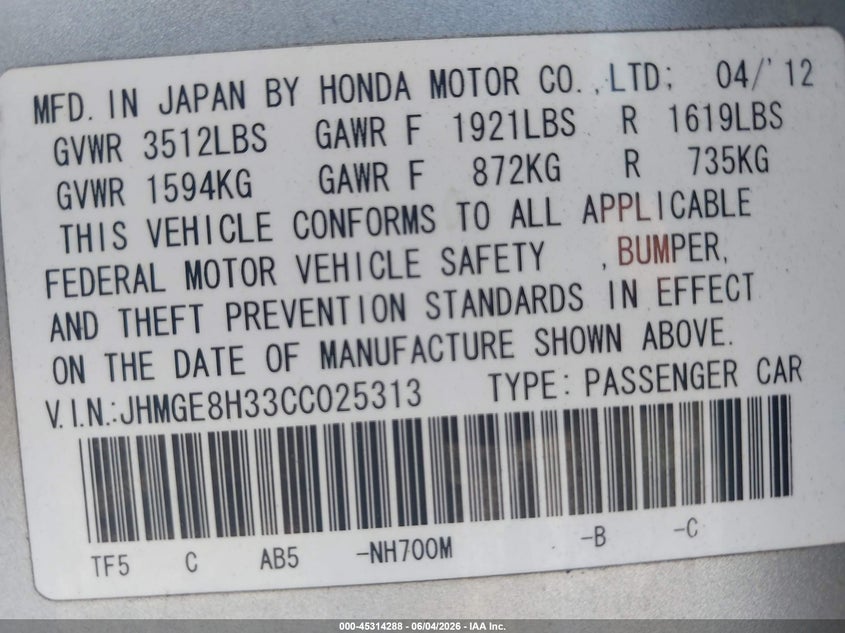 2012 Honda Fit VIN JHMGE8H33CC025313 IAAI salvage auction — FRONT END, Salvage Title, sold $300 on 2026-07-06 (photo 9)