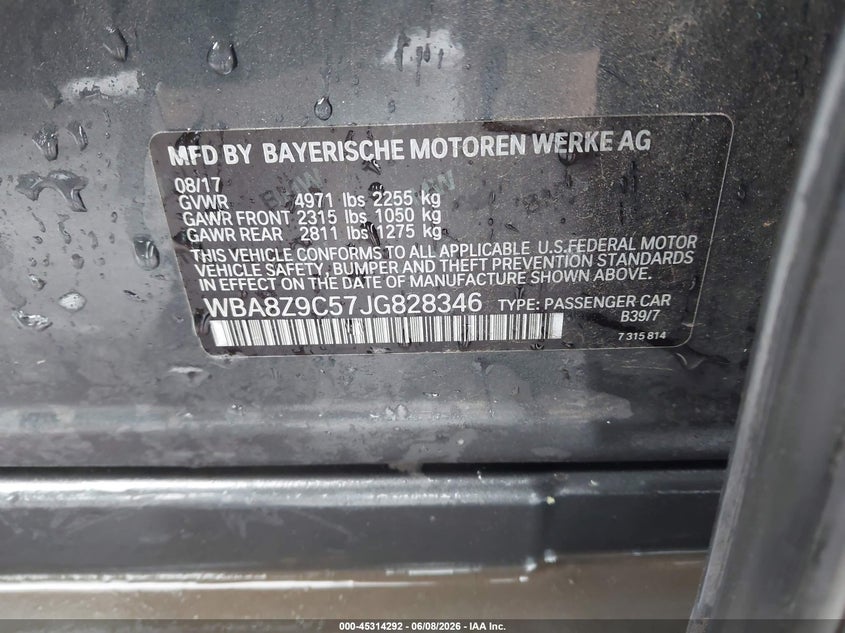 2018 BMW 3er VIN WBA8Z9C57JG828346 IAAI salvage auction — LEFT FRONT, Salvage Title, sold $950 on 2026-07-28 (photo 9)