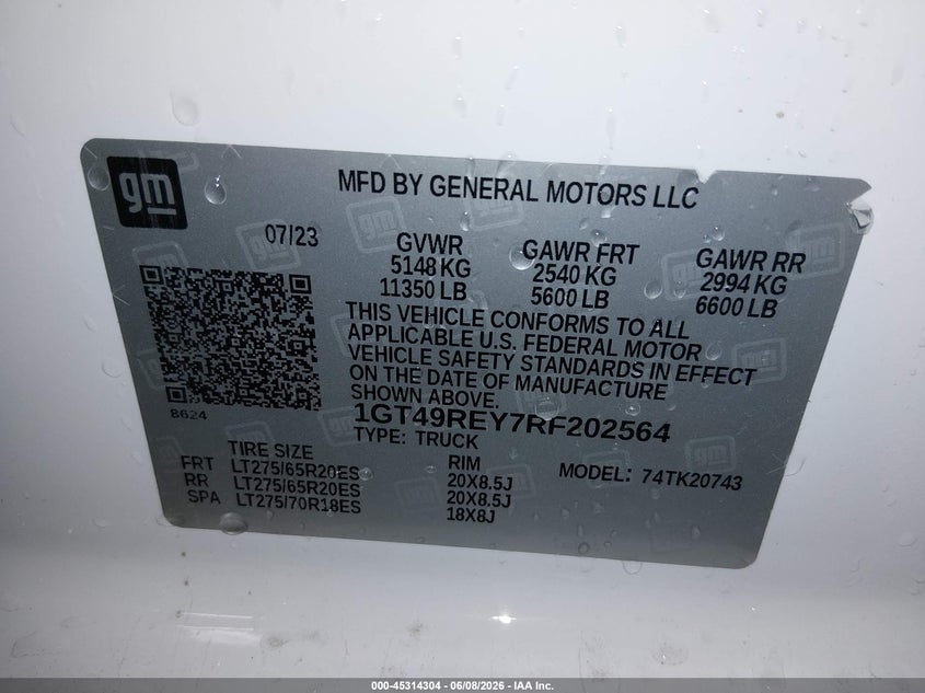 2024 Gmc SIERRA VIN 1GT49REY7RF202564 IAAI salvage auction — LEFT FRONT, Salvage Title, sold $28,300 on 2026-07-10 (photo 8)
