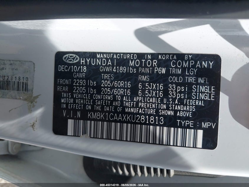 2019 Hyundai Kona VIN KM8K1CAAXKU281813 IAAI salvage auction — REAR END, Salvage Title, sold $3,900 on 2026-07-14 (photo 9)