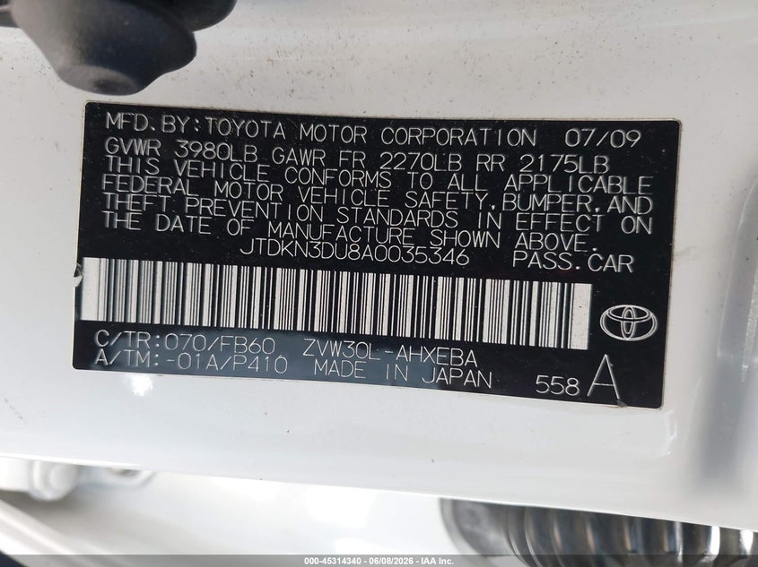 2010 Toyota Prius VIN JTDKN3DU8A0035346 IAAI salvage auction — FRONT END, Salvage (California), sold $2,150 on 2026-07-22 (photo 9)