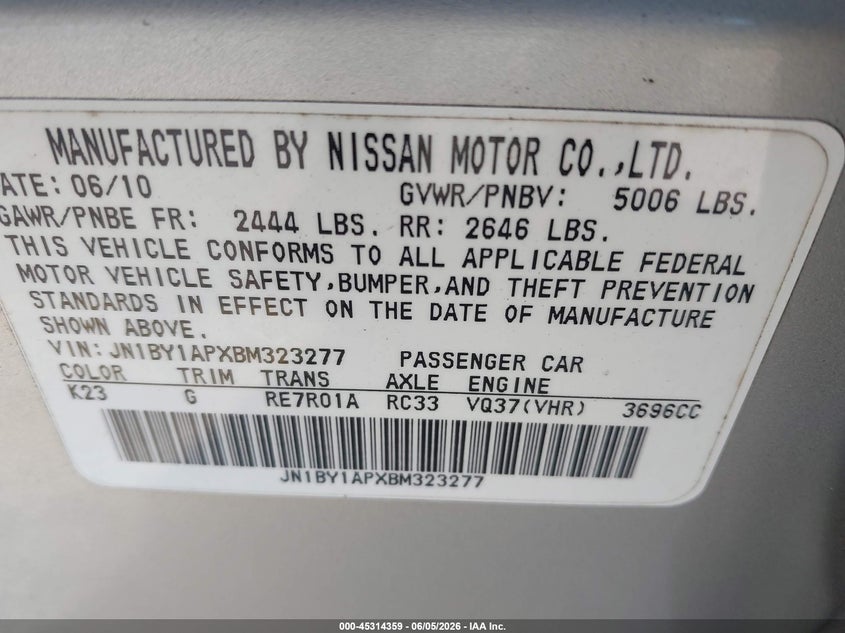 2011 Infiniti M VIN JN1BY1APXBM323277 IAAI salvage auction — NORMAL WEAR, Clear (Florida), sold $1,575 on 2026-07-29 (photo 9)