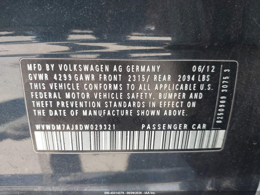 2013 Volkswagen Golf VIN WVWDM7AJ8DW029321 IAAI salvage auction — REAR END, Salvage Title, sold $875 on 2026-07-07 (photo 9)