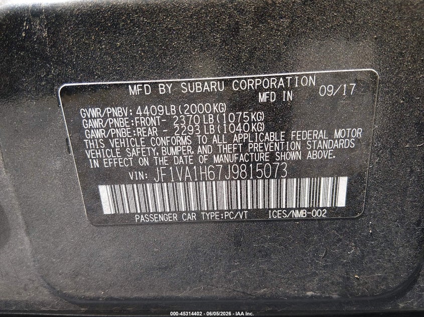 2018 Subaru Wrx VIN JF1VA1H67J9815073 IAAI salvage auction — FRONT END, Salvage Title, sold $1,850 on 2026-07-22 (photo 9)