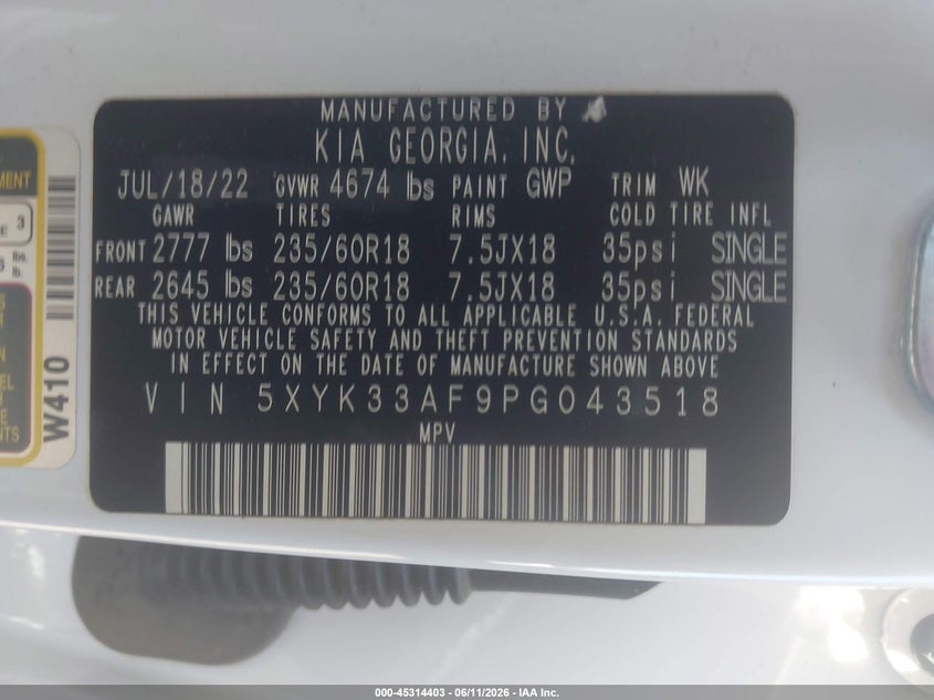 2023 Kia Sportage VIN 5XYK33AF9PG043518 IAAI salvage auction — FRONT END, Salvage Title, sold $7,900 on 2026-07-29 (photo 9)
