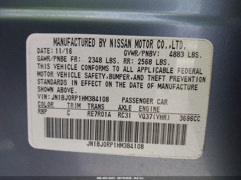 2017 Infiniti Qx50 VIN JN1BJ0RP1HM384108 IAAI salvage auction — RIGHT SIDE, Salvage (North Carolina), sold $1,600 on 2026-08-20 (photo 9)