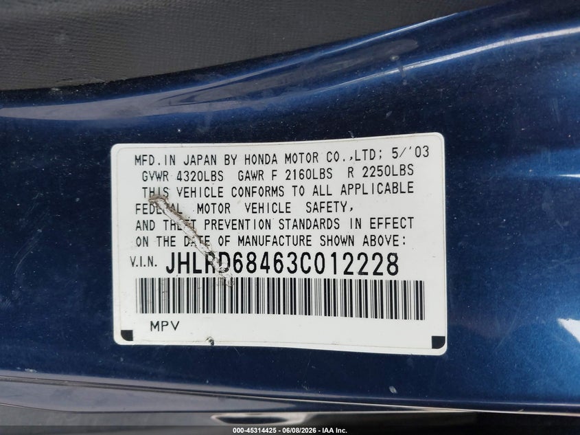 2003 Honda Cr-v VIN JHLRD68463C012228 IAAI salvage auction — NORMAL WEAR, Clear-Dealer Only (Montana), sold $700 on 2026-07-15 (photo 9)