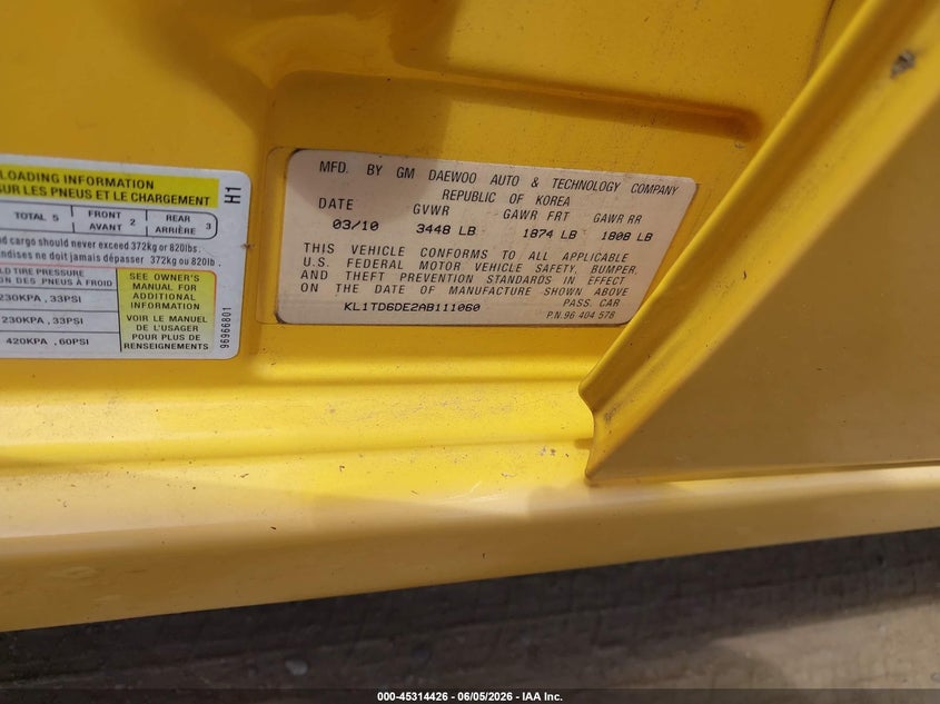 2010 Chevrolet Aveo VIN KL1TD6DE2AB111060 IAAI salvage auction — REAR END, Salvage (Ohio), sold $275 on 2026-07-16 (photo 9)